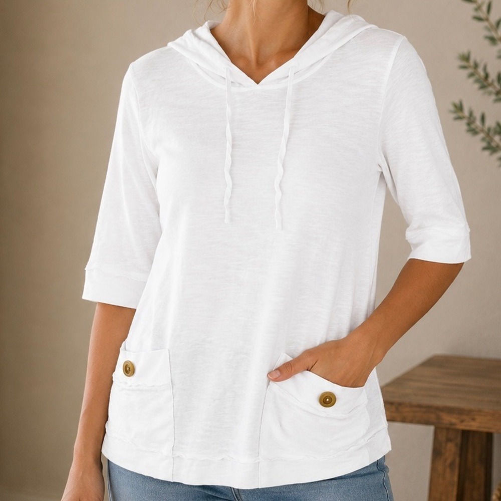 Chicos Zenergy White Cotton Slub Knit Hoodie Elbow Sleeve Top Size Small Petite